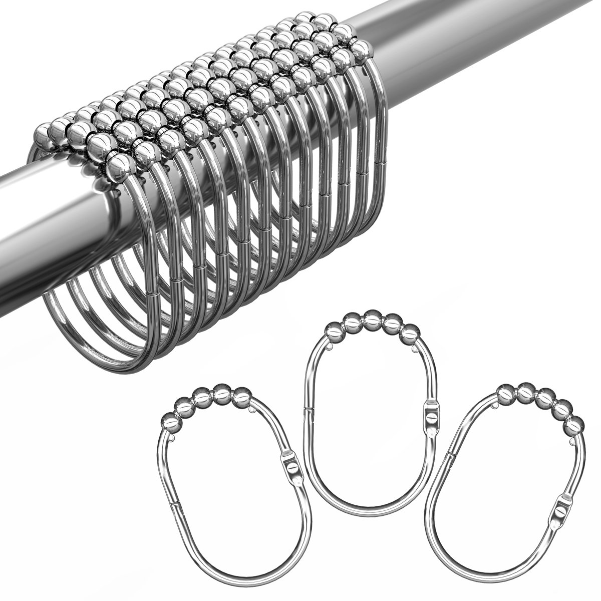 Stainless Steel Roller Ball Shower Curtain Hooks Rings (Set of 12)